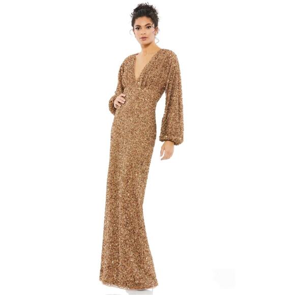 NWT Mac Duggal Bronze Sequin Puff Long Sleeve V-Neck Gown (Size 8) - Picture 1 of 16